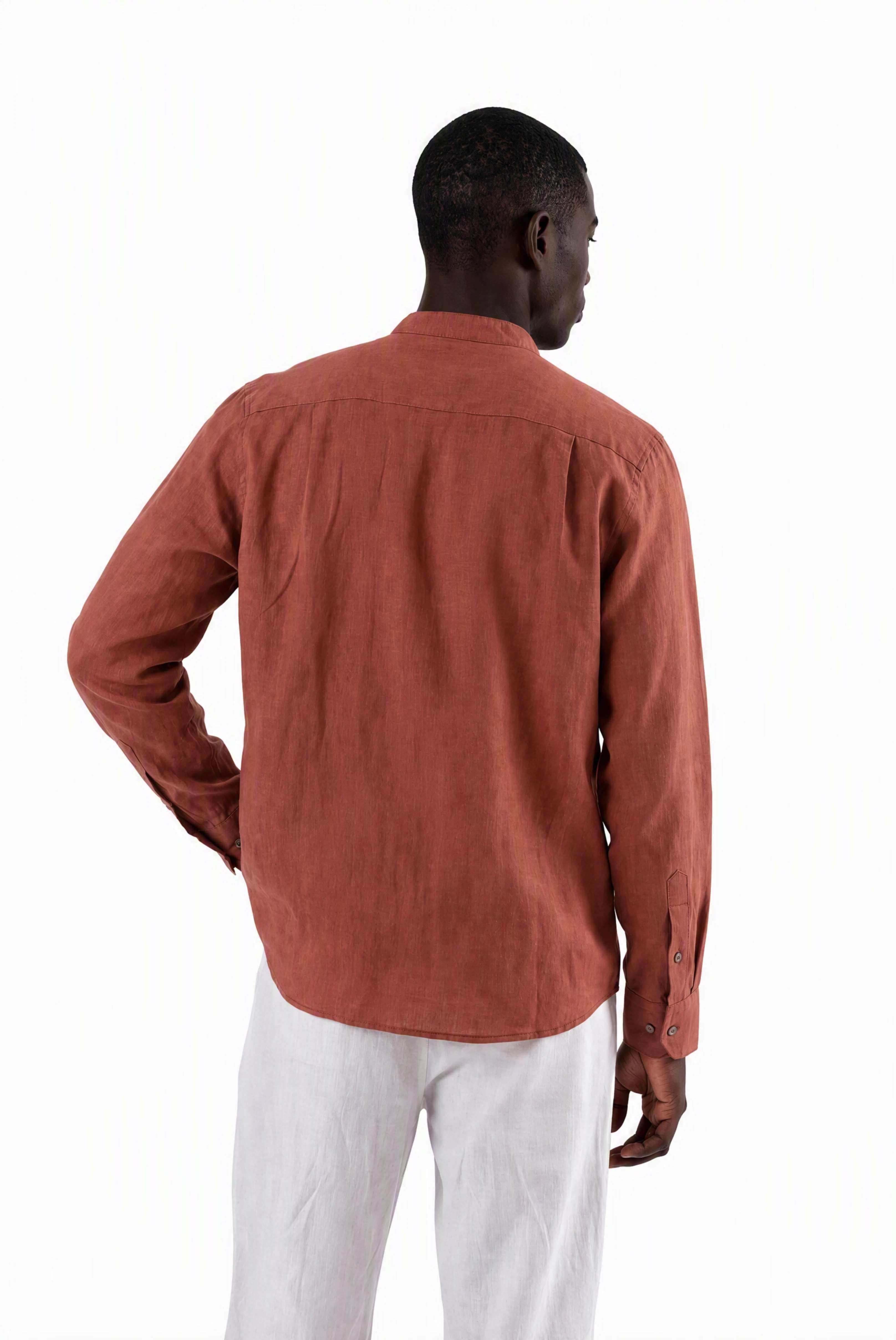back y neck linen shirt burnt orange
