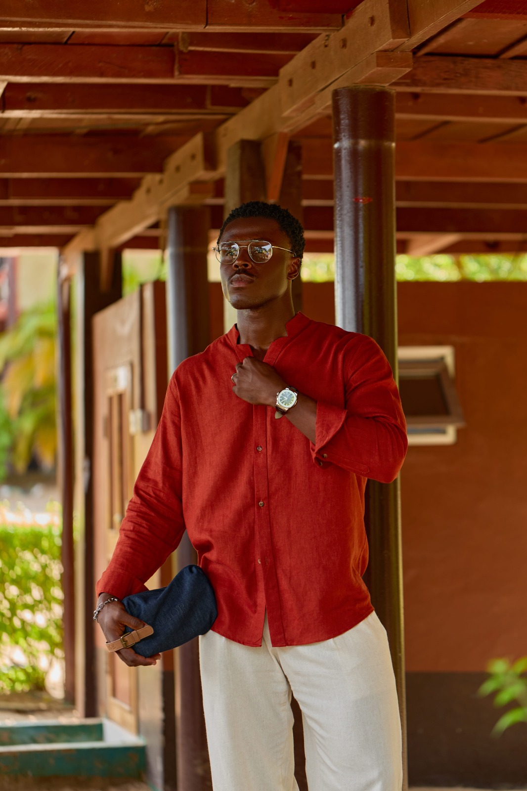 Y-Neck Linen Shirt - Burnt Orange