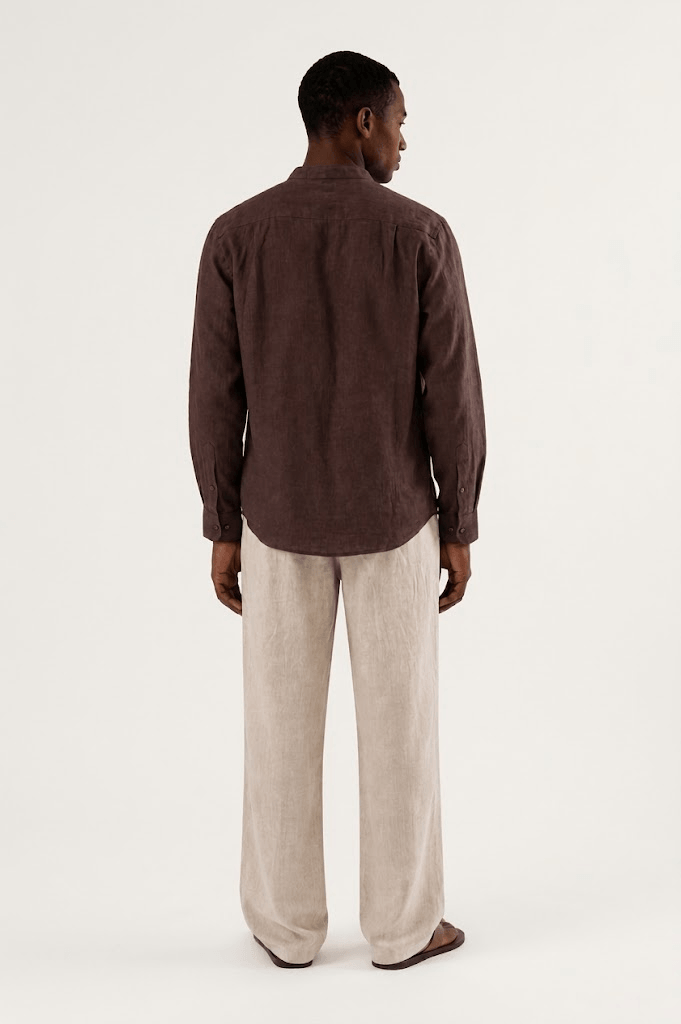 brown y neck linen shirt back