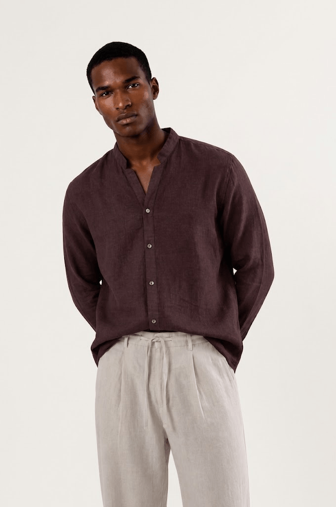 brown y neck linen_shirt