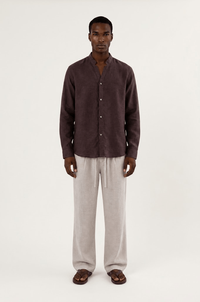 Y-Neck Linen Shirt - Brown