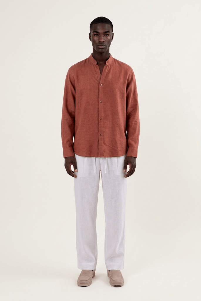 Y-Neck Linen Shirt - Burnt Orange