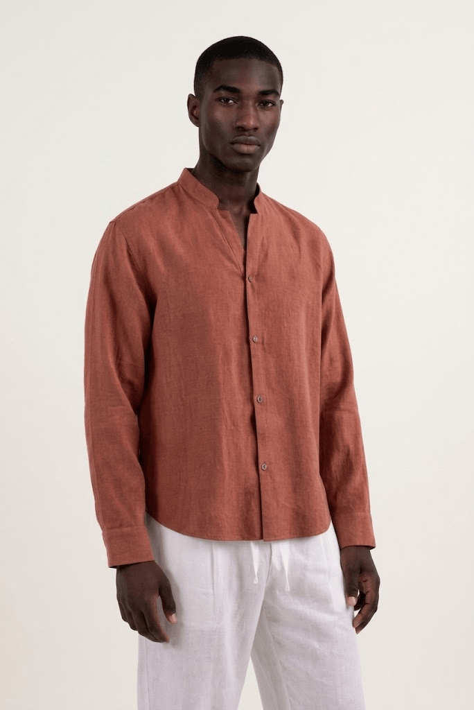 Y-Neck Linen Shirt - Burnt Orange