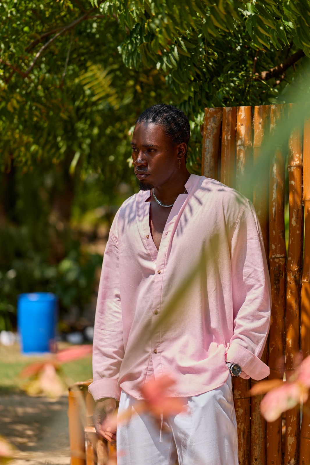 Y-Neck Linen Shirt - Pink