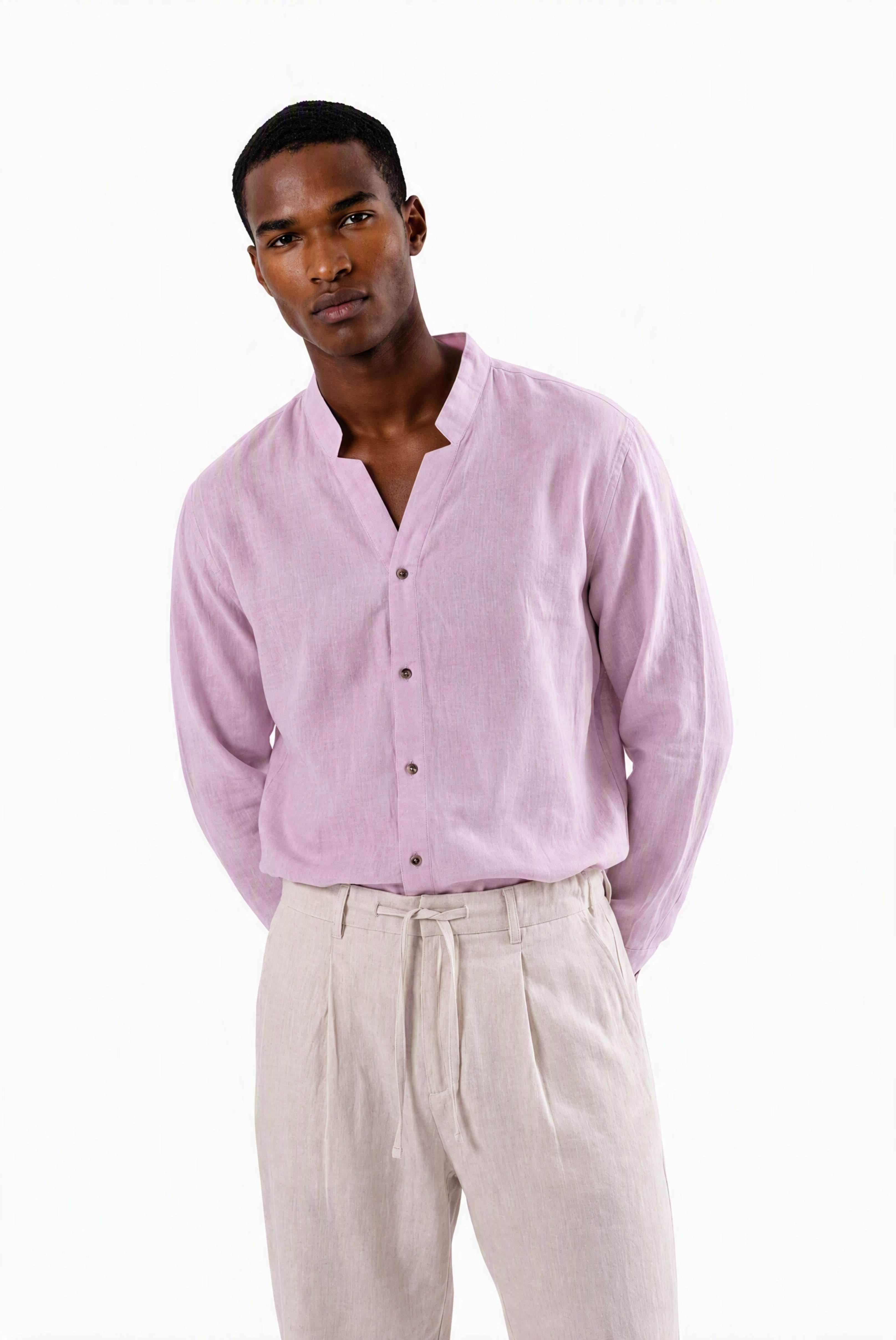 Y-Neck Linen Shirt - Pink