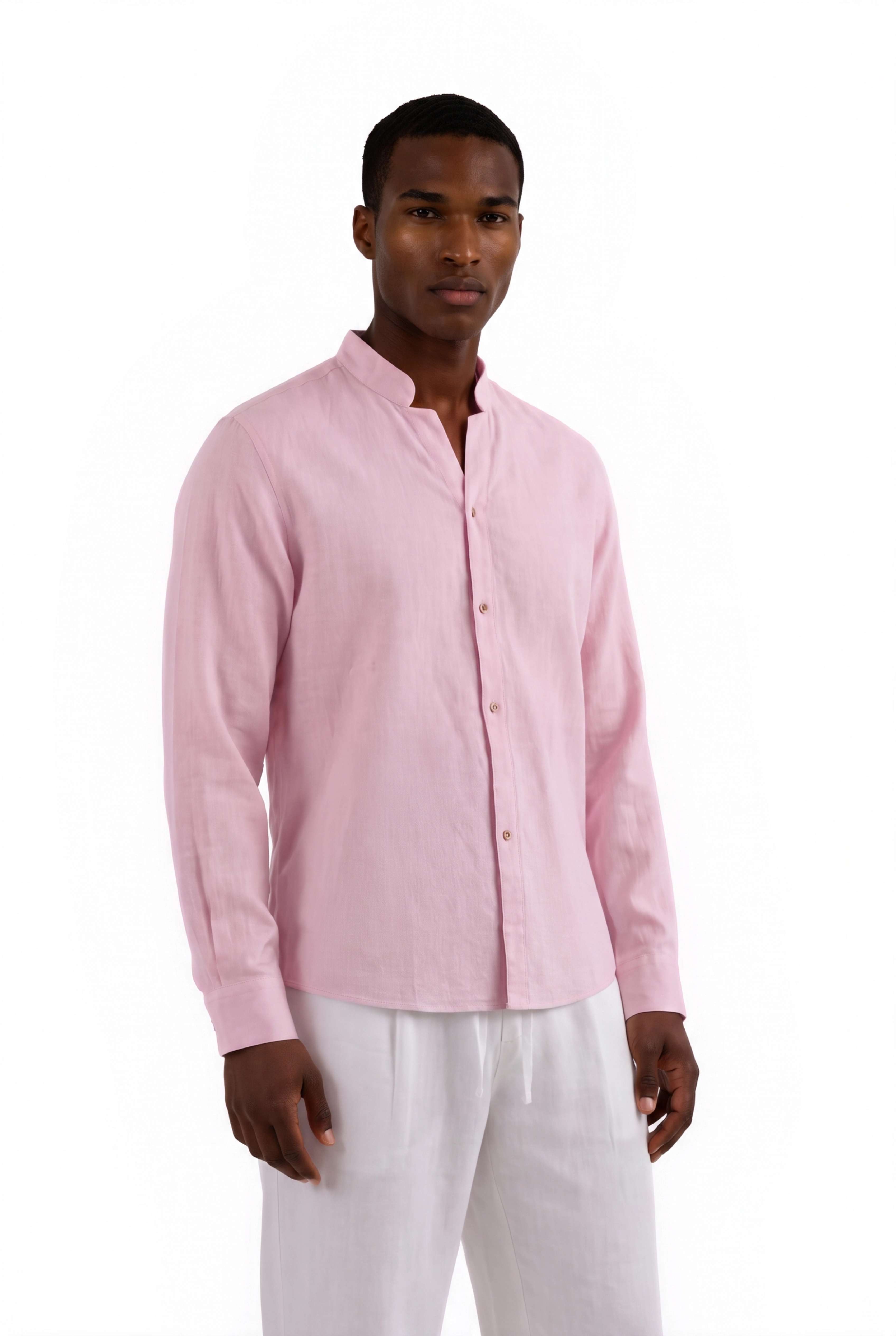 Y-Neck Linen Shirt - Pink