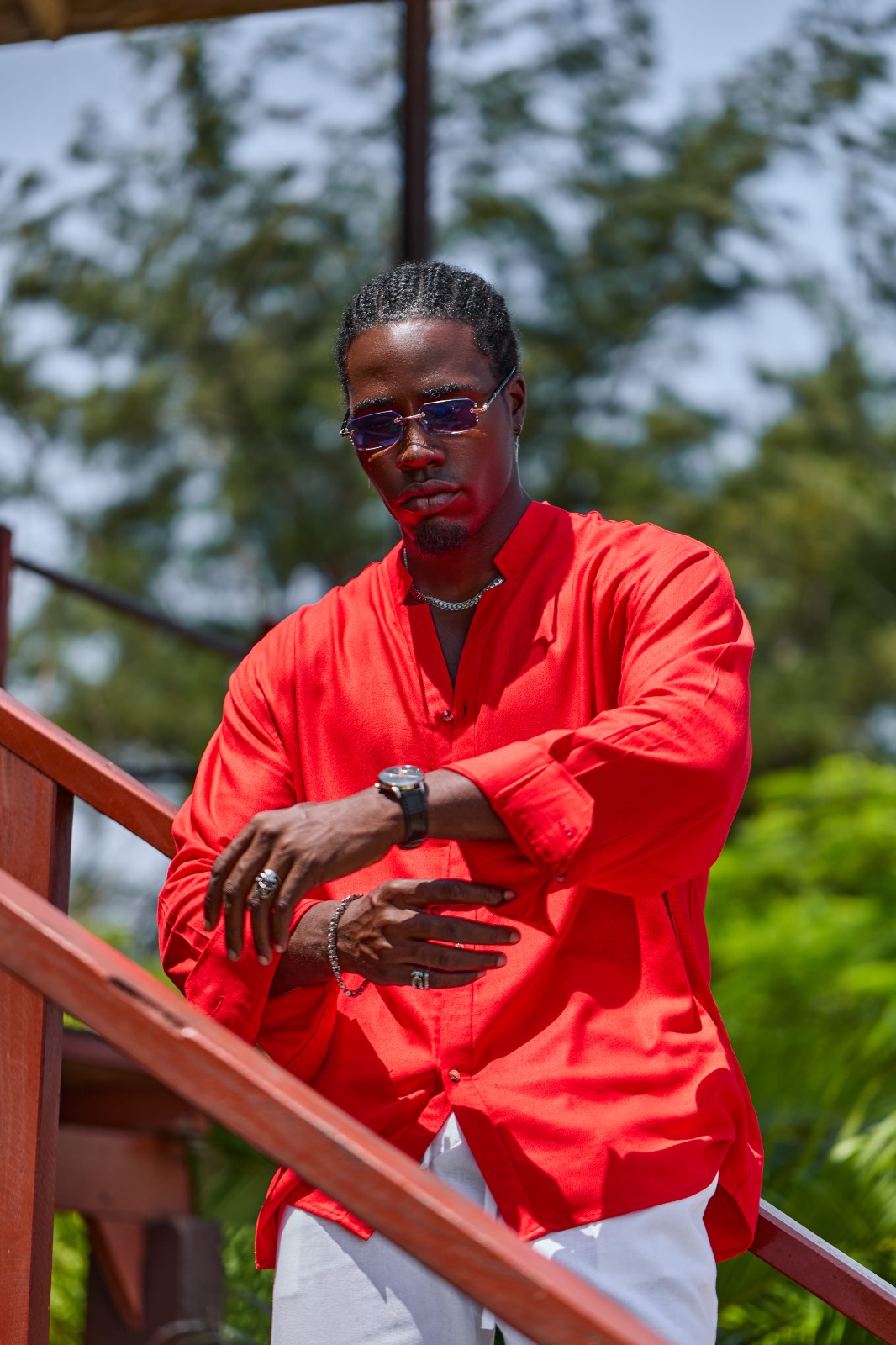 Y-Neck Linen Shirt - Red