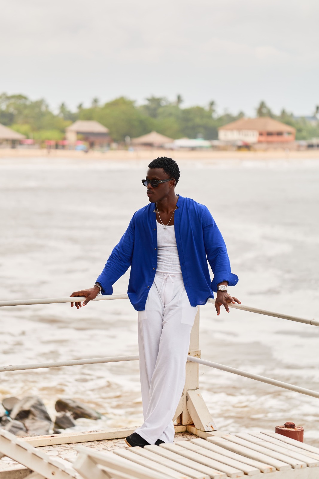 Y-Neck Linen Shirt - Royal Blue
