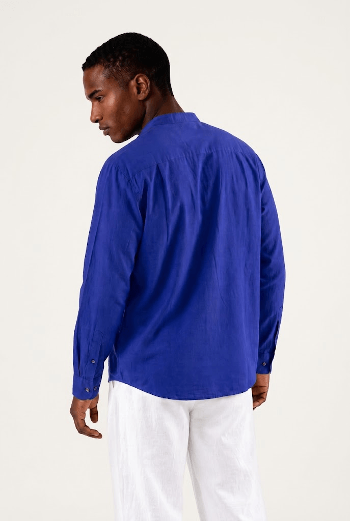 royal blue y neck linen shirt back
