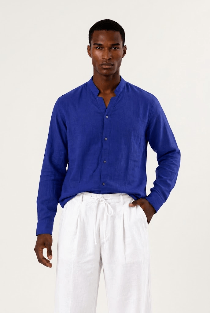 Y-Neck Linen Shirt - Royal Blue