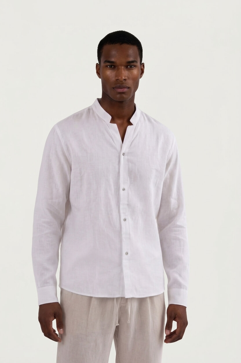 Y-Neck Linen Shirt - White