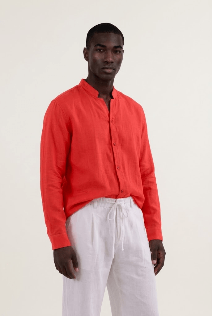 Y-Neck Linen Shirt - Red