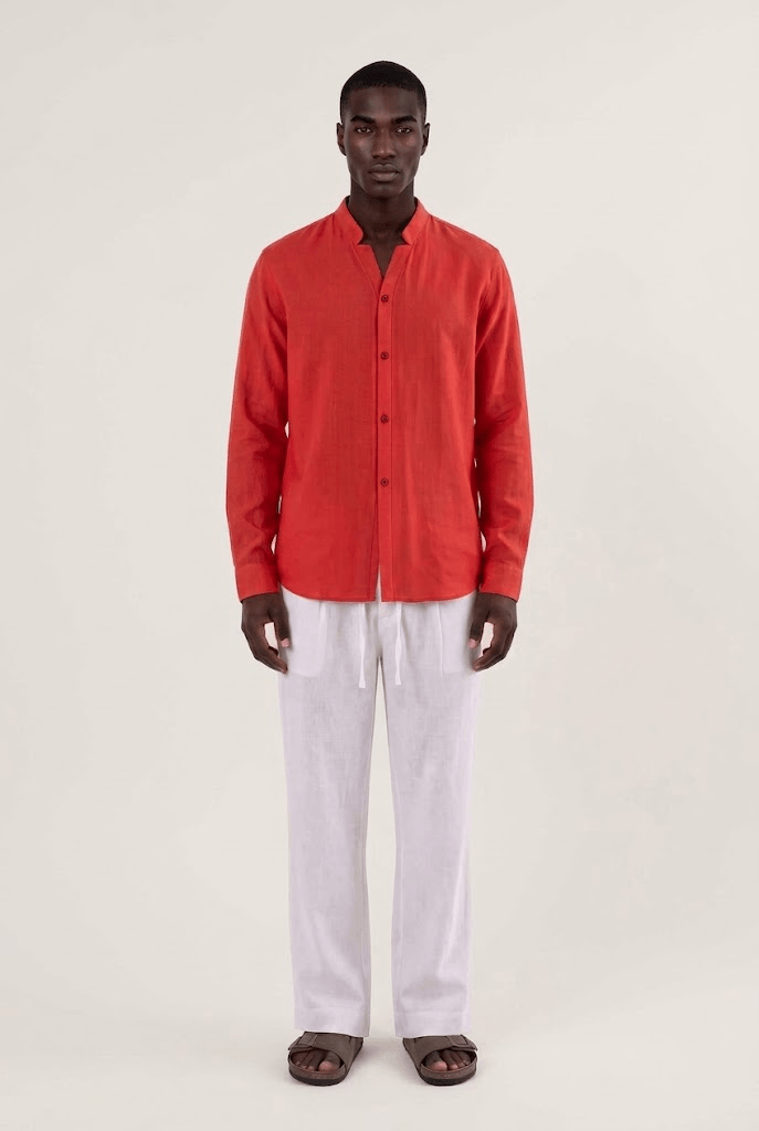 Y-Neck Linen Shirt - Red